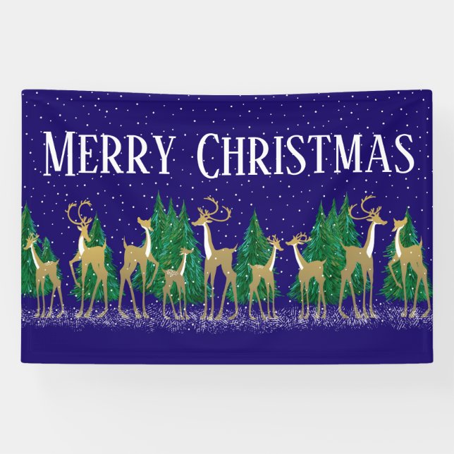 Snowy Winter Deer in Wooded Forest | Blue |  Banner (Horizontal)