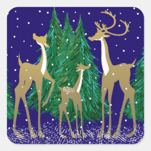 Snowy Winter Deer in Wooded Forest   Blue    Square Sticker