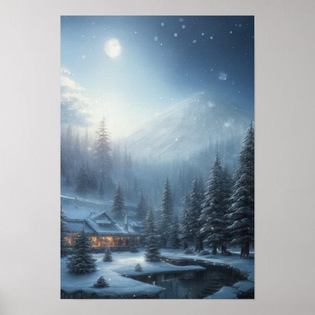 Snowy Winter Evening, A Cozy House in the Forest Poster (Front)