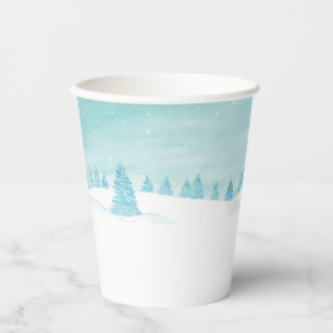 Snowy Winter Forest Landscape With Spruce Trees  Paper Cups