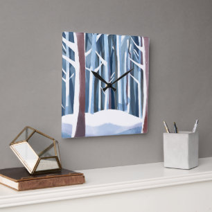 Snowy Winter Forest Modern Simple Watercolor Square Wall Clock