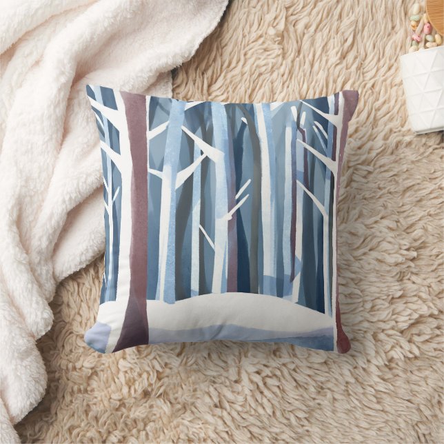 Snowy Winter Forest | Modern Simple Watercolor Throw Pillow (Blanket)