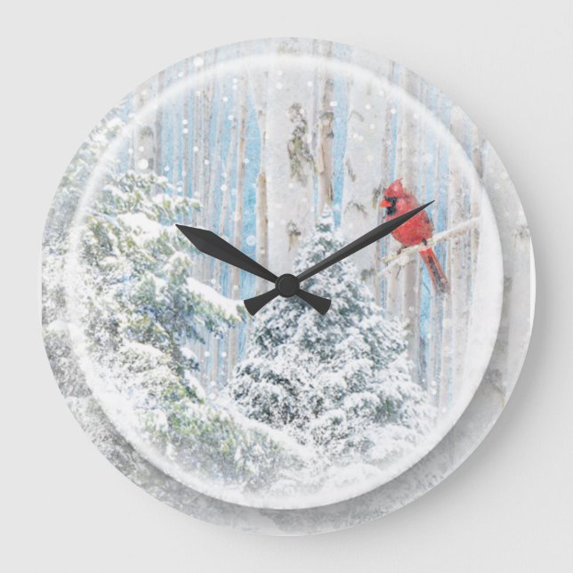 Snowy Winter Forest Red Bird Cardinal Large Clock (Front)