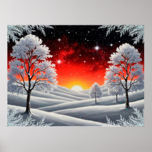 Snowy Winter Forest Under Red Sunset Poster