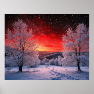 Snowy Winter Forest Under Red Sunset Poster