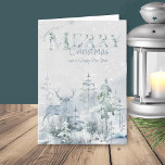 Snowy Winter Forest with Stag Merry Christmas Holiday Card<br><div class="desc">Personalized watercolor christmas card with snowy winter forest and stag in soft shades of blue and green. Wording reads "wishing you a merry christmas and a happy new year" and you can personalize the remaining text. Subtle and elegant watercolor design with decorative typography.</div>