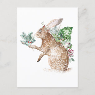 Snowy Winter Hare Gifting Posy Of Spruce & Holly Postcard