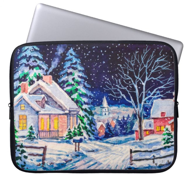 Snowy winter landscape. Country House. Christmas h Laptop Sleeve (Front)