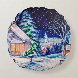 Snowy winter landscape. Country House. Christmas h Round Pillow
