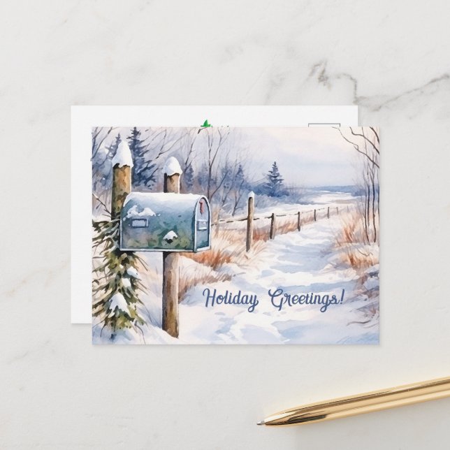 Snowy Winter Landscape Holiday Postcard (Front/Back In Situ)