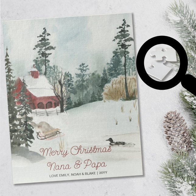 Snowy Winter Landscape Optional Text Watercolor Jigsaw Puzzle (Creator Uploaded)
