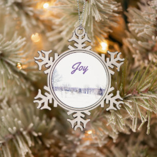 Snowy Winter Landscape Snowflake Pewter Christmas Ornament