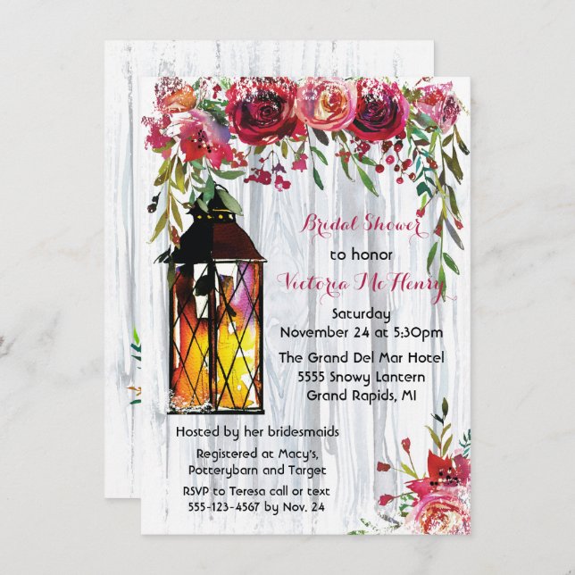 Snowy Winter Lantern Floral Bridal Shower Invitation (Front/Back)