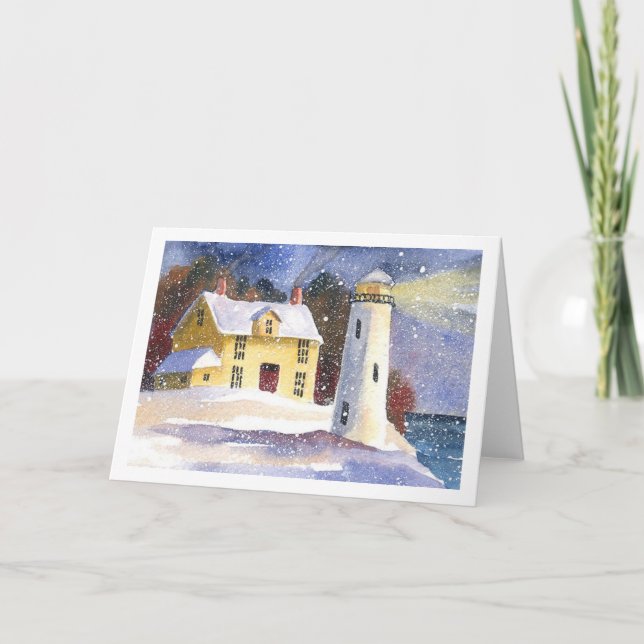 Snowy Winter Lighthouse Holiday Card (Front)