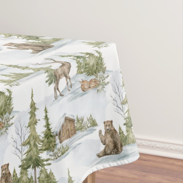 Snowy Winter Log Cabin | Woodland Animals  Tablecloth (In Situ)