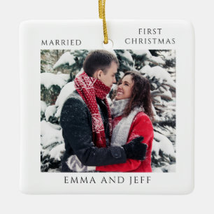 Snowy Winter Married First Christmas Holiday Photo Ceramic Ornament