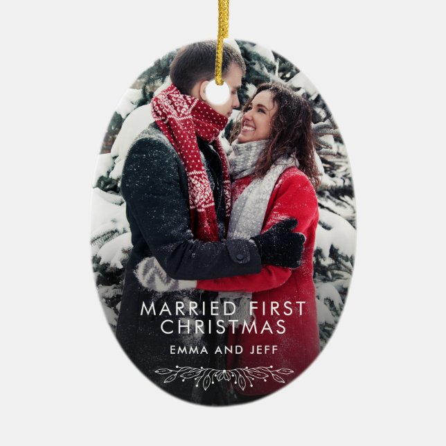 Snowy Winter Married First Christmas Holiday Photo Ceramic Ornament (Front)
