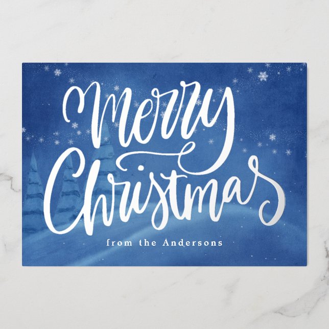 Snowy Winter Merry Christmas Silver Foil Holiday Card (Front)