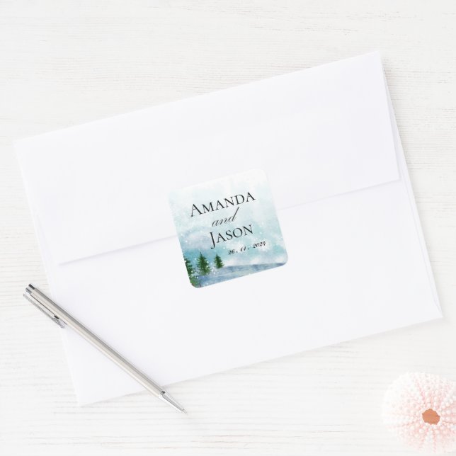 Snowy Winter Morning Blue Hues Wedding Square Sticker (Envelope)