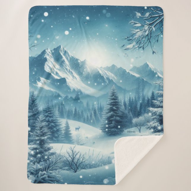 Snowy Winter Mountain Sherpa Blanket (Front)