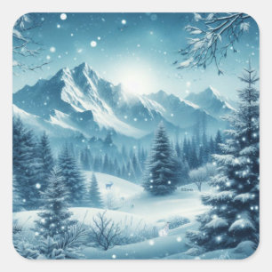 Snowy Winter Mountain Square Sticker