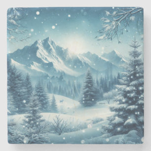 Snowy Winter Mountain Stone Coaster