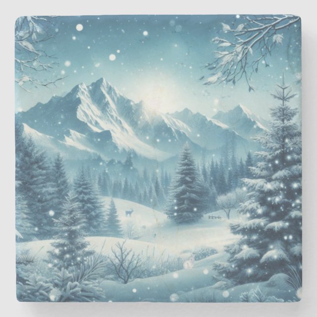 Snowy Winter Mountain Stone Coaster (Front)