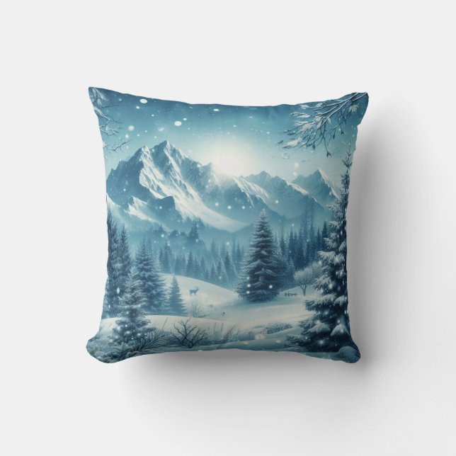 Snowy winter mountain throw pillow (Front)