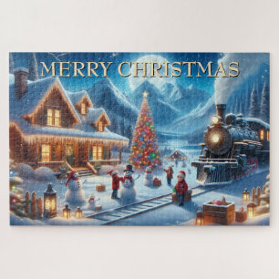 Snowy Winter Night with Christmas Train & Snowmen Jigsaw Puzzle