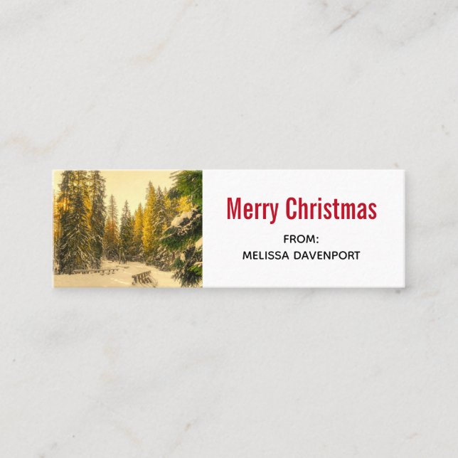Snowy Winter Path with Pine Trees Christmas Mini Business Card (Front)