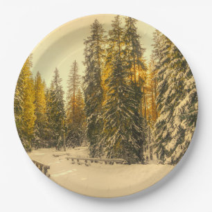 Snowy Winter Path with Pine Trees Paper Plate