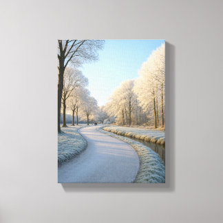 Snowy Winter Pathway with Frosty Trees Canvas Print