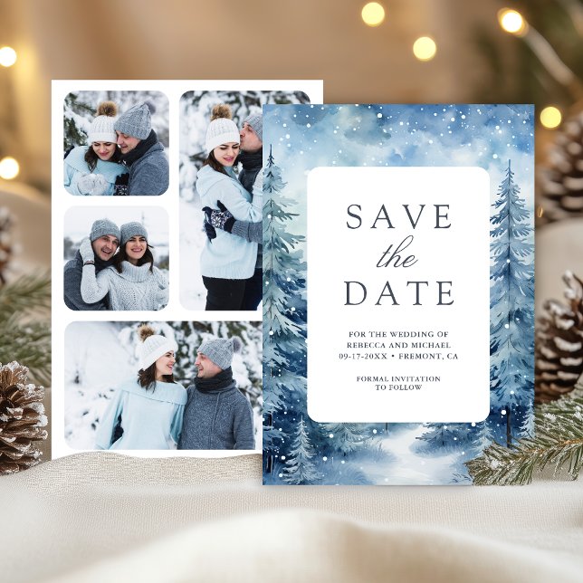  Snowy Winter Pine Forest Photo Collage Wedding Save The Date (Creator Uploaded)