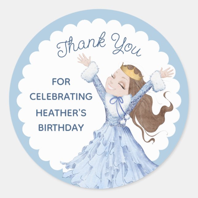 Snowy Winter Princess | Birthday Thank You Classic Round Sticker (Front)