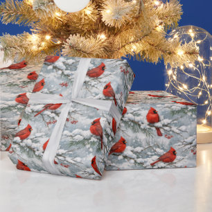 Snowy Winter Red Cardinal Bird Pattern Wrapping Paper