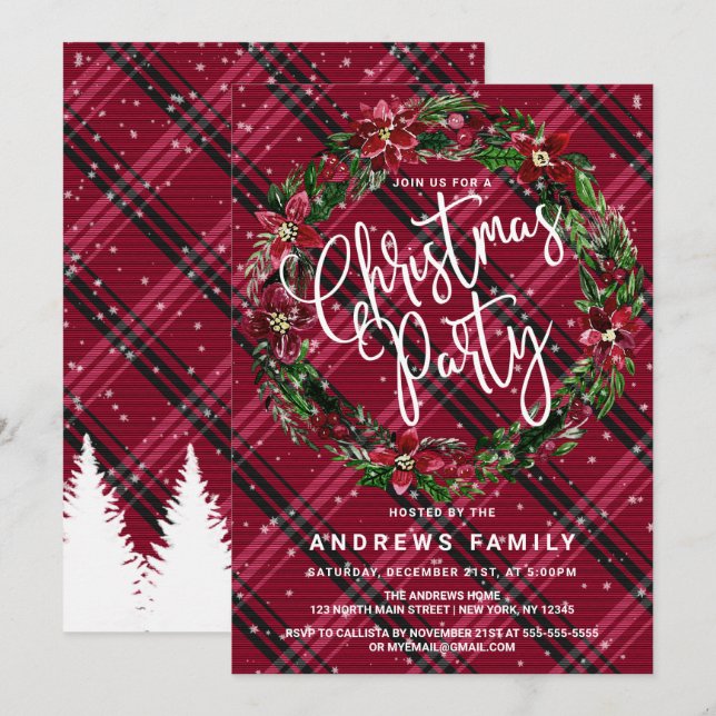 Snowy Winter Red Floral Wreath Flannel Christmas Invitation (Front/Back)