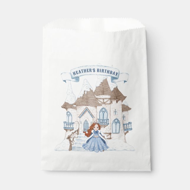 Snowy Winter Red Haired Princess Birthday Favour Bag (Front)