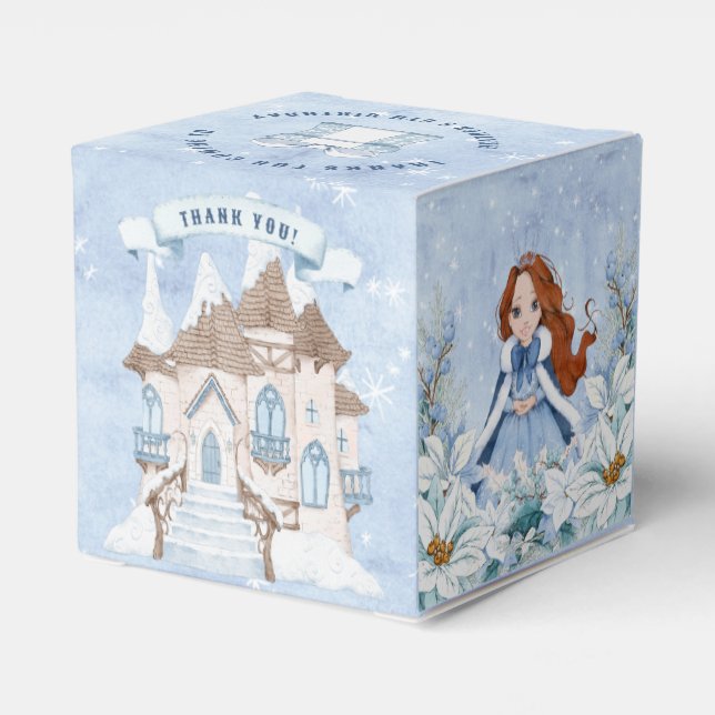 Snowy Winter Red Headed Princess Birthday Favor Box (Back Side)