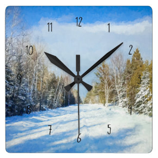 Snowy Winter Road Scene Square Wall Clock