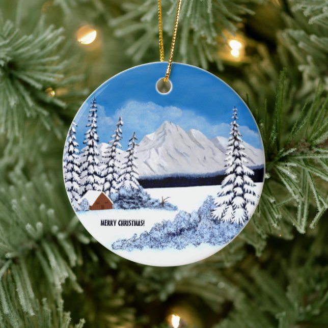 Snowy Winter Round Ceramic Ornament (Tree)