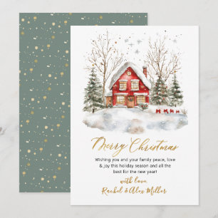 Snowy Winter Scene Gold Script Non Photo Christmas Holiday Card