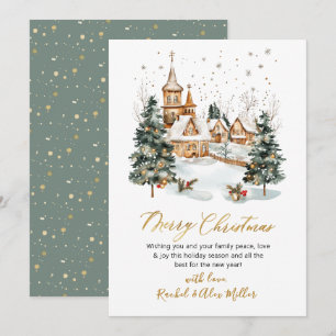 Snowy Winter Scene Gold Script Non Photo Christmas Holiday Card