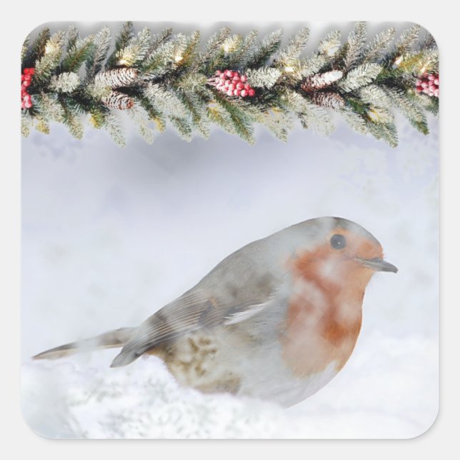 Snowy Winter Snow Robin Christmas Square Sticker (Front)