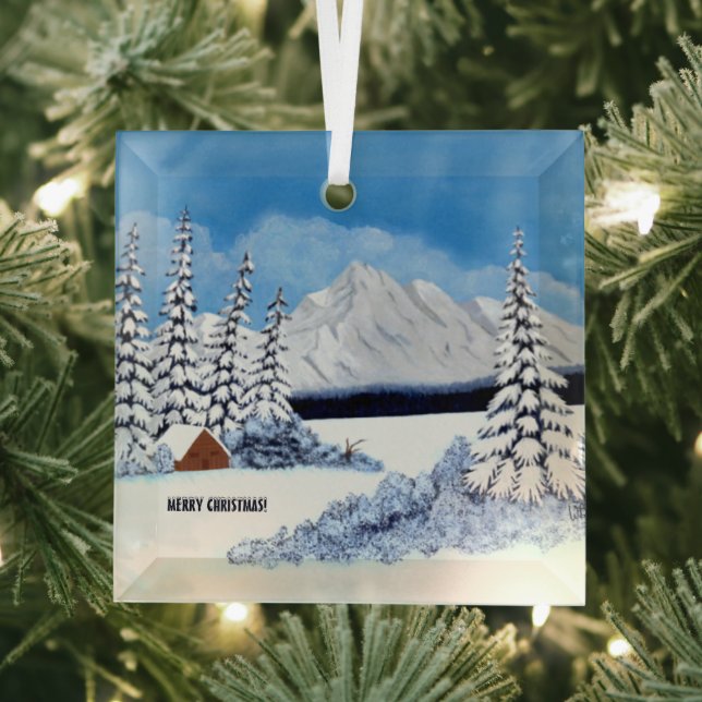 Snowy Winter Square Glass Ornament (Insitu)