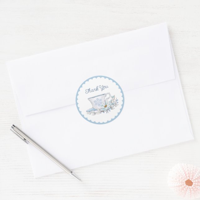 Snowy Winter Tea Cup | Thank You Classic Round Sticker (Envelope)