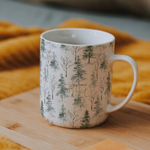 Snowy Winter Trees Pattern Gold Typography Mug