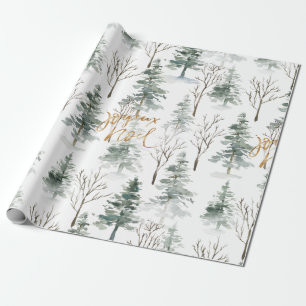 Snowy Winter Trees Pattern Gold Typography Wrapping Paper