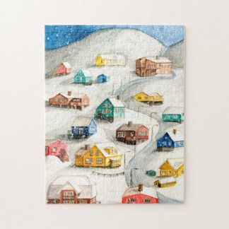 Snowy Winter Village Art Jigsaw Puzzle