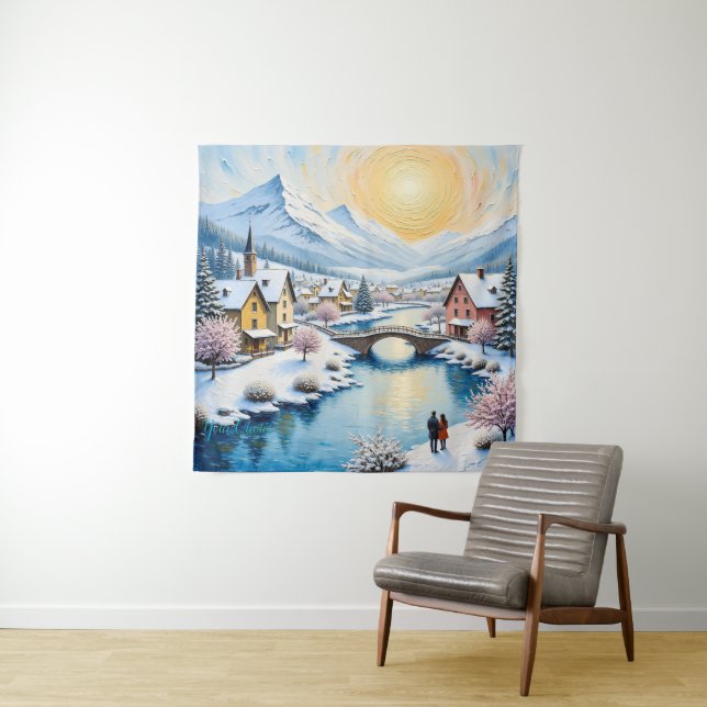 Snowy Winter Village by Golden Sun Tapestry (In Situ)