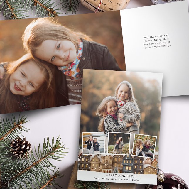 Snowy Winter Village Four-Photo Collage Tri-Fold Card (Creator Uploaded)